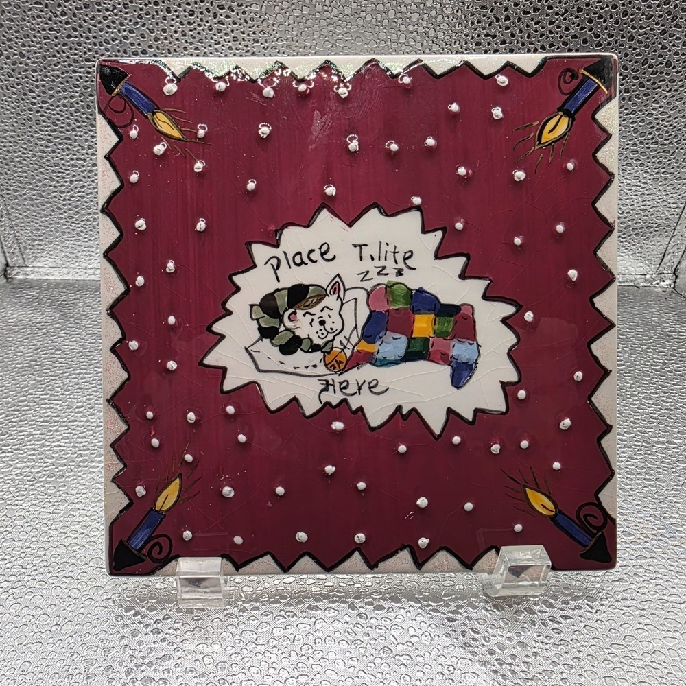 Blue Sky Clayworks 6.25" Tile Trivet Sleeping Dog In Stocking Tea Light Holder‎